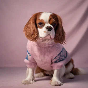 A Cavalier King Charles Spaniel wearing a pink sweater with a serious expression, sitting in front of a pink background.