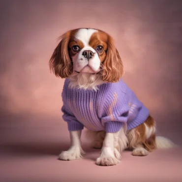 A Cavalier King Charles Spaniel wearing a purple sweater, sitting in front of a pink background with a focused expression.