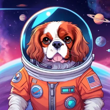 Cute dog in a space suit with Mars in the background.