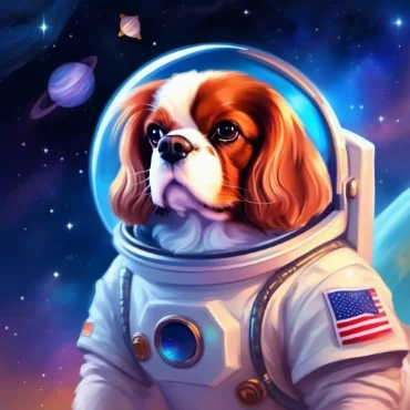 Dog in a space suit inside a futuristic space capsule.