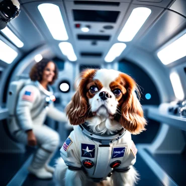 Dog in a space suit inside a spaceship with a human astronaut in the background.