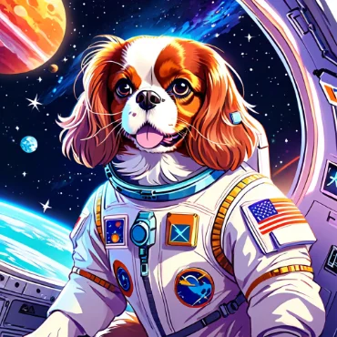 Dog in a space suit looking out of a spaceship window at the stars.