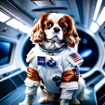 Dog in a space suit standing in a spaceship with windows showing outer space.