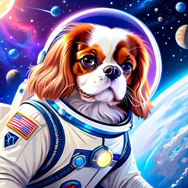 Dog in a space suit with a determined look in a spaceship.