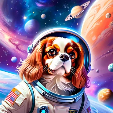 Dog in a space suit with a vibrant galaxy and planets in the background.