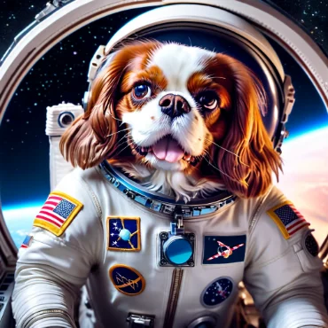 Dog in a space suit with a vibrant space background.