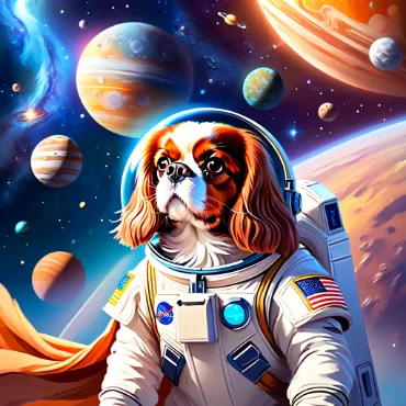 Dog in a space suit with planets and galaxies in the background.