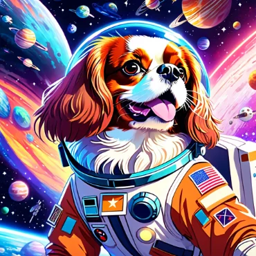 Happy dog in a space suit floating in a colorful galaxy.