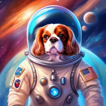 A Cavalier King Charles Spaniel dressed as an astronaut, wearing a space suit and helmet, with a backdrop of outer space and planets.