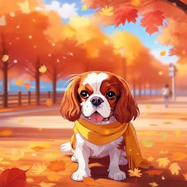 Cavalier King Charles Spaniel in a forest during autumn, with golden leaves and sunlight.