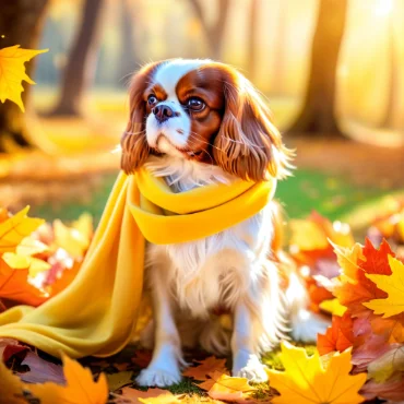 Cavalier King Charles Spaniel wearing a yellow scarf, sitting among autumn leaves in a park.