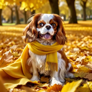 Cavalier King Charles Spaniel wearing a yellow scarf, sitting in a park with autumn leaves.