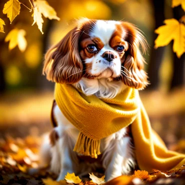 Cavalier King Charles Spaniel wearing a yellow scarf, surrounded by autumn leaves in a park.