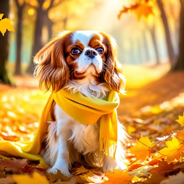 Cavalier King Charles Spaniel with a yellow scarf, sitting among autumn leaves with sunlight.