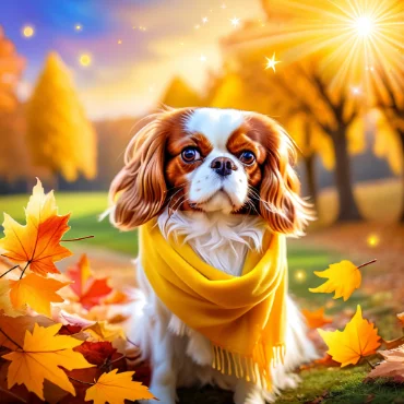 Cavalier King Charles Spaniel with a yellow scarf, sitting in a park with autumn leaves and sunlight.