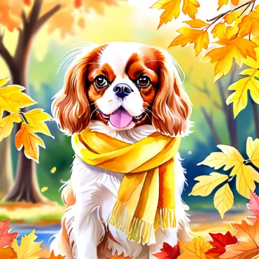 Illustration of a Cavalier King Charles Spaniel in a park with a yellow scarf and autumn leaves.