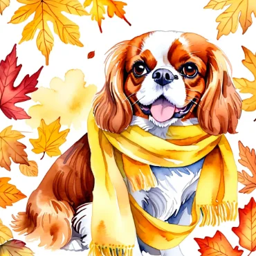 Illustration of a Cavalier King Charles Spaniel with a yellow scarf, surrounded by autumn leaves.