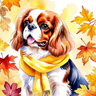 Illustration of a Cavalier King Charles Spaniel with a yellow scarf, with autumn leaves in the background.