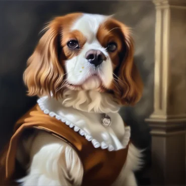 Cavalier King Charles Spaniel in a historic costume with a ruffled collar, resembling a classical painting.