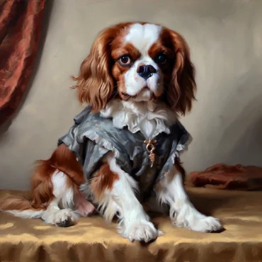 Cavalier King Charles Spaniel in an elegant historical outfit, posing for a classical-style painting.