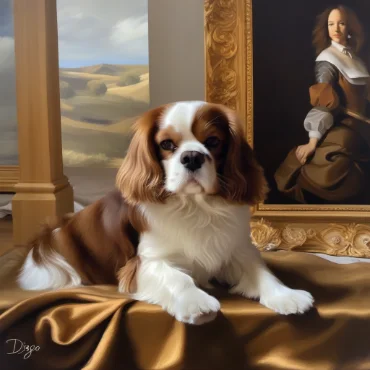 Cavalier King Charles Spaniel lying beside a classical painting, both featuring historical attire and elegant settings.