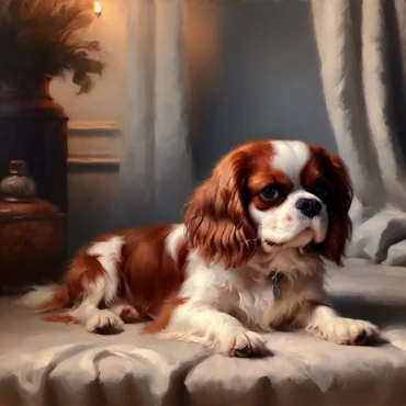 Cavalier King Charles Spaniel lying on a bed with draped curtains and a soft light, resembling a classical artwork.