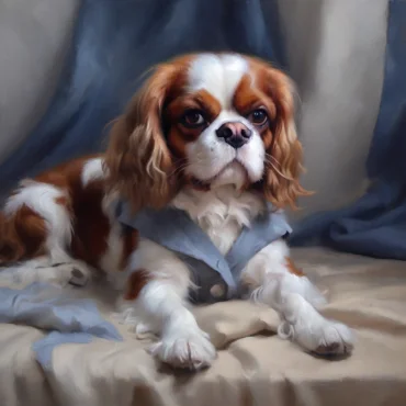 Cavalier King Charles Spaniel lying on a draped cloth with a blue backdrop, styled as a classical portrait.