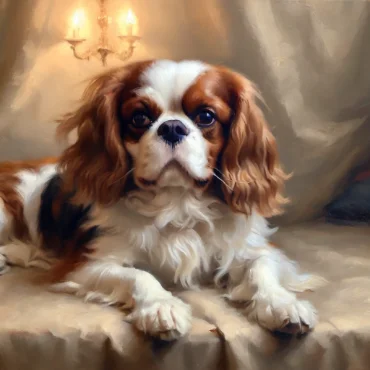 Cavalier King Charles Spaniel lying on a luxurious cloth with a chandelier in the background, in a classical style.