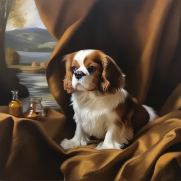 Cavalier King Charles Spaniel posed with a scenic background and a draped cloth, reminiscent of a classical portrait.