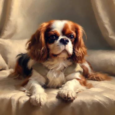 Cavalier King Charles Spaniel resting on a soft draped cloth, with warm lighting and a classical portrait feel.