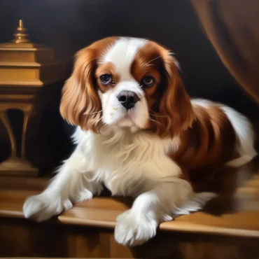 Cavalier King Charles Spaniel resting on a wooden platform, styled like a classical oil painting.