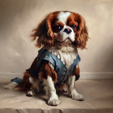 Cavalier King Charles Spaniel sitting and wearing a blue historical costume, styled as an old portrait.