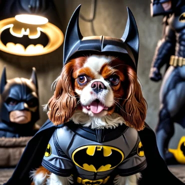 A Cavalier King Charles Spaniel dressed as Batman, complete with a bat helmet and cape, in a room decorated with Batman symbols and statues in the background.