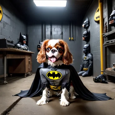 A Cavalier King Charles Spaniel dressed as Batman, complete with a bat helmet and cape, sitting in a Batcave-like room filled with Batman masks and statues. The dog looks happy and playful.