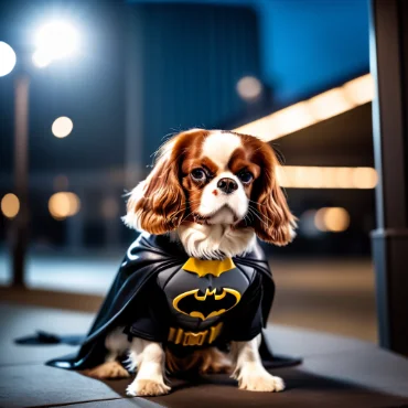 A Cavalier King Charles Spaniel dressed as Batman, sitting on a rooftop at night with city lights in the background, looking serious and heroic.