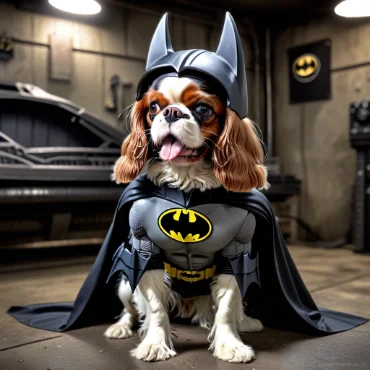 A Cavalier King Charles Spaniel dressed as Batman, with a bat helmet and cape, sitting in a Batcave setting with a Batmobile and a Batman emblem on the wall in the background. The dog looks happy and playful.