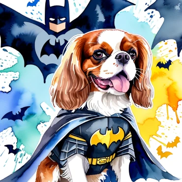 A Cavalier King Charles Spaniel dressed as Batman with a Batman emblem on its chest and cape, set against a colorful background with bat symbols.