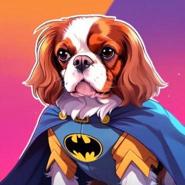 A Cavalier King Charles Spaniel dressed in a Batman costume with a blue cape and yellow accents, set against a vibrant background with shades of orange and purple. The dog looks serious and heroic.