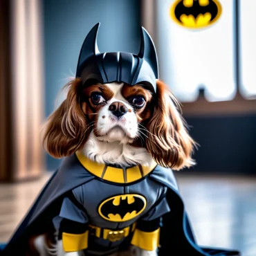 A Cavalier King Charles Spaniel in a Batman costume, complete with a bat helmet and cape, sitting indoors with a Batman emblem in the background. The dog looks serious and focused.