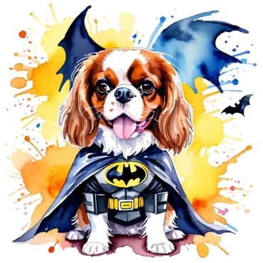 A Cavalier King Charles Spaniel in a Batman costume, including a black cape and Batman emblem, standing in front of a colorful watercolor background with splashes of orange, yellow, and blue, along with bat symbols.