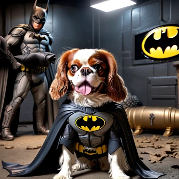 A Cavalier King Charles Spaniel in a Batman costume standing in the Batcave, with a person dressed as Batman in the background and a Bat-Signal on the wall.