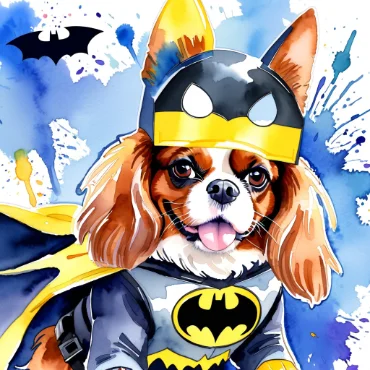 A Cavalier King Charles Spaniel wearing a Batman costume with a yellow and black mask and cape, set against a colorful watercolor background with bat symbols.