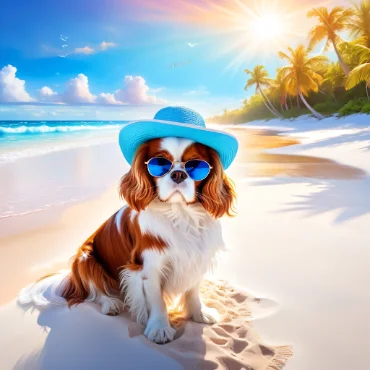 Dog in a blue hat and sunglasses sitting on the beach.