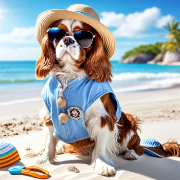 Dog in a blue shirt and hat, wearing sunglasses on the beach.