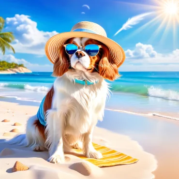 Dog in a hat and sunglasses sitting on a beach towel.