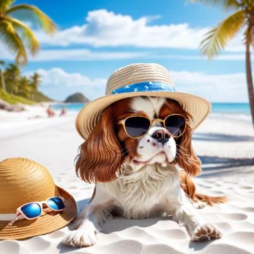 Dog lying on the beach with two hats and sunglasses.