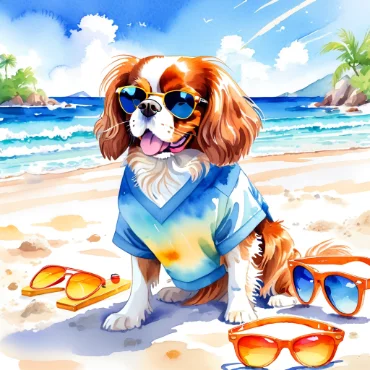 Dog wearing a colorful shirt and sunglasses at the beach.