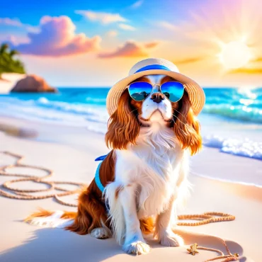 Dog wearing a hat and sunglasses on a beach at sunset.