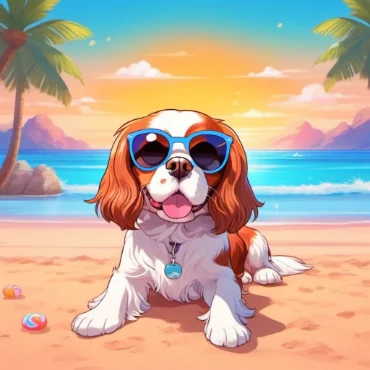 Dog with sunglasses and a drink on a sunny beach.