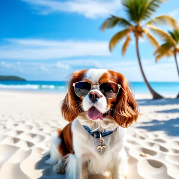 Dog with sunglasses and a necklace, sitting on the beach.